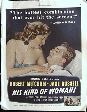 Immagine del venditore per His Kind of Woman Trade Print Ad 1951 Robert Mitchum, Jane Russell, Vincent Price venduto da AcornBooksNH