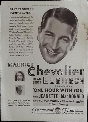 Imagen del vendedor de One Hour With You Trade Print Ad 1932 Maurice Chevalier, Jeanette MacDonald a la venta por AcornBooksNH