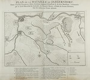 Bild des Verkufers fr Plan de la Bataille de Jaegerndorf, entre l'Armee Prussiennes forte d'environ cinquante Escadrons et de seize Bataillons, commande par le Feld Marchal de Lehwald, et l'Arme Russe, estime de 80000 Hommes, sous les ordres du Prince Apraxin" - Gro Jgersdorf Swoboda Kaliningrad Russia Russland Battle of 1757 zum Verkauf von Antiquariat Steffen Vlkel GmbH