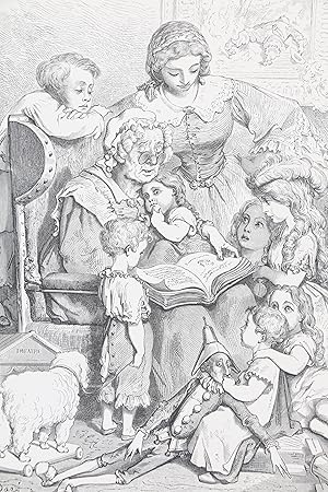 Seller image for Charles Perrault, Contes, Frontispice, "La lecture des contes en famille" - Gravure originale sur bois debout, tire sur chine et contrecolle sur verg de Hollande for sale by Librairie Le Feu Follet