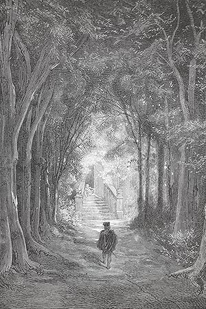 Seller image for Charles Perrault, Contes, La Belle au bois dormant, "Il marcha vers le chteau qu'il voyait au bout d'une grande avenue o il entra" - Gravure originale sur bois debout, tire sur chine et contrecolle sur verg de Hollande for sale by Librairie Le Feu Follet