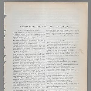 Immagine del venditore per Memoranda On The Life Of Lincoln: A Word From England On Lincoln / Lincoln 1865 / President Lincoln In Petersburg / Lincoln's Visit To Richmond / The Stars And Stripes In Richmond / General Grant And The News Of Mr. Lincoln's Death / At The Death-Bed Of President Lincoln / President Lincoln's Military Guard / Lincoln's Fame / The Inside Facts Of Lincoln's Nomination venduto da Legacy Books II