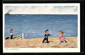 Bild des Verkufers fr Knstler-Ansichtskarte Ad. Hoffmann: Als er wiederkam!, Kinder treffen sich auf der Uferpromenade wieder zum Verkauf von Bartko-Reher