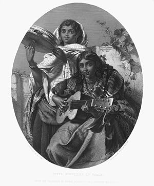 GYPSY MUSICIANS OF SPAIN Afterr PHILLIP,1865 Steel Engraving
