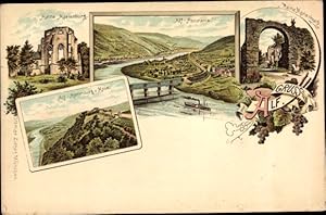 Litho Alf an der Mosel Rheinland Pfalz, Ruine Marienburg, Moselpartie mit Panorama vom Ort