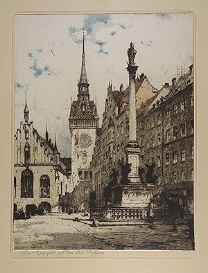 Bild des Verkufers fr Der Marienplatz mit dem alten Rathaus. Farbradierung, links unten in der Platte signiert u. dat. Mnchen, Franz Hanfstaengel 1909, 38 x 28,5 cm (49,5 x 37,5 cm Blattgr.) zum Verkauf von Antiquariat Johannes Mller