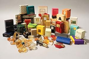 A collection of miniature perfume bottles with perfume and boxes from Nina Ricci, Chanel, Guerlai...