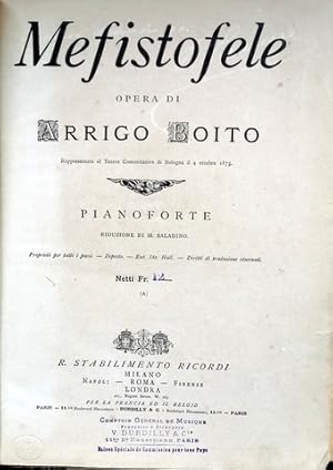 Bild des Verkufers fr Mefistofele. Rappresentata al Teatro Comunitativo di Bologna il 4 ottobre 1875. Pianoforte riduzione di M. Saladino zum Verkauf von Paul van Kuik Antiquarian Music