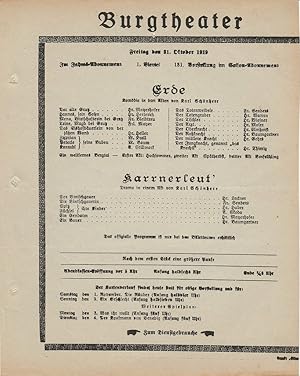 Bild des Verkufers fr Theaterzettel Karl Schnherr ERDE / KARRNERLEUT' 31. Oktober 1919 zum Verkauf von Programmhefte24 Schauspiel und Musiktheater der letzten 150 Jahre