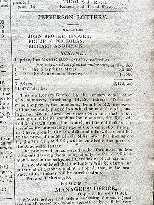 Seller image for 1826 FRONT PAGE ADVERTISEMENT for SALE of THOMAS JEFFERSON estate MONTICELLO for sale by Vintage Books and Fine Art