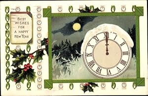 Ansichtskarte / Postkarte Glückwunsch Neujahr, Uhr, Stechpalme, Mondschein