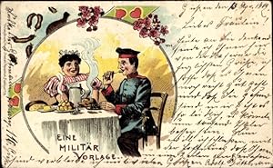 Litho Deutscher Soldat beim Essen, Geliebte Frau, Eine Militär Vorlage