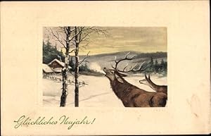 Präge Ansichtskarte / Postkarte Glückwunsch Neujahr, Hirsch, Reh, Wohnhaus, Winter