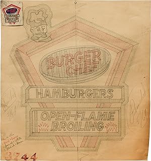 Original design illustration for an embroidered patch worn by Burger Chef employees, circa 1950s