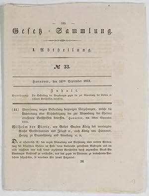 Bild des Verkufers fr Verordnung: Die Bestrafung der Vergehungen gegen die zur Abwendung der Cholera erlassenen Vorschriften. Hannover, den 10ten September 1831. zum Verkauf von Antiq. F.-D. Shn - Medicusbooks.Com