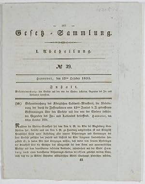 Bild des Verkufers fr Bekanntmachung: den Verkehr mit den von der Cholera inficirten Gegenden des In- und Auslandes betreffend. Hannover, den 10ten October 1831. zum Verkauf von Antiq. F.-D. Shn - Medicusbooks.Com