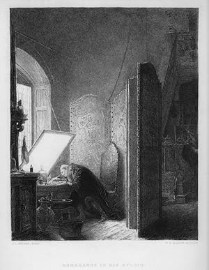 REMBRANDT IN HIS STUDIO After GEROME Engraved by RAJON,1879 Steel Engraving