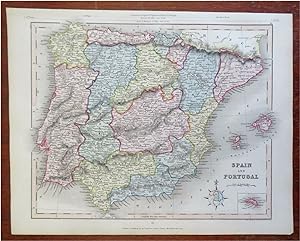 Iberian Peninsula Spain Portugal Balearic Islands c. 1850-8 Archer engraved map