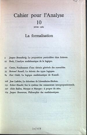 Seller image for La Formalisation. Cahier pour l'Analyse, 10 for sale by books4less (Versandantiquariat Petra Gros GmbH & Co. KG)