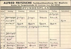 Stundenplan Fachbuchhandlung für Medizin, A. Fritsche, Tiergartenstraße 23, Breslau, Polen um 1930