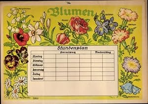 Stundenplan Blumen, Rosen, Maiglöckchen, Nelken, Aster, Mohnblume um 1930