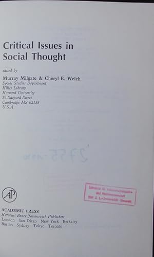 Bild des Verkufers fr Critical Issues in Social Thought. zum Verkauf von Antiquariat Bookfarm