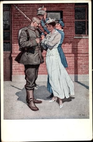 Künstler Ansichtskarte / Postkarte Wennerberg, Bruno, Vor der Abfahrt, Soldat, Frauen
