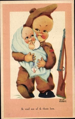 Seller image for Knstler Ansichtskarte / Postkarte Clerbuis, N., Junge in Uniform mit Baby, Waffe, Ik voel me of ik thuis ben for sale by akpool GmbH