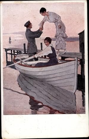 Künstler Ansichtskarte / Postkarte Wennerberg, Bruno, Heimaturlaub, Soldat, Frauen, Ruderboot