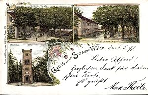 Litho Sorau Niederlausitz Ostbrandenburg, Sorauer Wald, Grüner Wald, Rautenkranz, Blockhaus