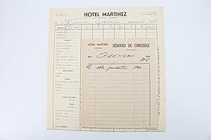 Note d'hôtel de Raymond Queneau pour le Festival de Cannes 1952