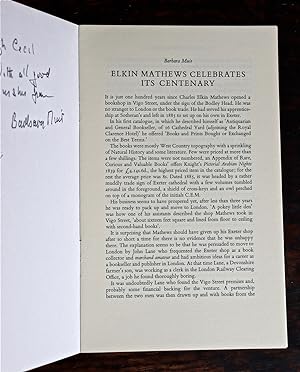 Bild des Verkufers fr Elkin Mathews Celebrates Its Centenary. [By] Barbara Muir. [Offprint from The Book Collector, Summer 1988] zum Verkauf von James Fergusson Books & Manuscripts
