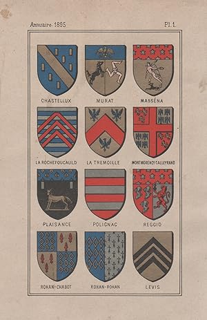 "ARMOIRIES de GRANDES FAMILLES de FRANCE" Chromo-litho original (Planche 1 / Annuaire 1895)