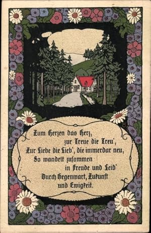 Bild des Verkufers fr Steindruck Ansichtskarte / Postkarte Zum Herzen das Herz, zur Treue die Treu', Haus im Wald zum Verkauf von akpool GmbH