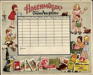 Stundenplan Hagenmüller Nahrungsmittel, Mate Tee, Backpulver, Aromen, Verpackungen um 1930