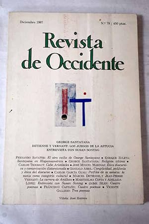 Bild des Verkufers fr Revista de Occidente, Ao 1987, n 79, George Santayana:: El otro exilio de George Santayana; Santayana en Hispanoamrica; Religin ltima; Cobe Aristteles; tica discursiva y comunicacin distorsionada; Complicidad, polifona y tica del discurso; Perfiles de la astucia: la metis como categora cultural; La carrera de Antloco; Susan Sontag o la pasin por las palabras; Cuatro poemas; Cuatro poemas; Tres poemas zum Verkauf von Alcan Libros