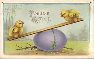 Ansichtskarte / Postkarte Glückwunsch Ostern, Küken beim Wippen, Osterei, Weidenkätzchen