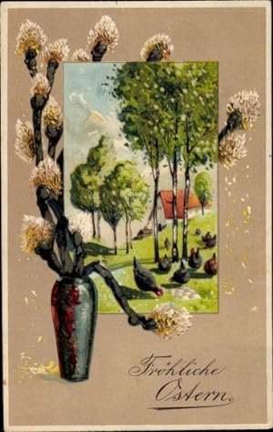 Ansichtskarte / Postkarte Glückwunsch Ostern, Weidenkätzchen, Birken, Hühner