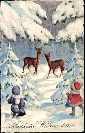 Ansichtskarte / Postkarte Glückwunsch Weihnachten, Kinder im Wald, Rehe