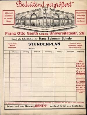Stundenplan Buchhandlung Franz Otto Genth Universitätsstraße 26 Leipzig 1938