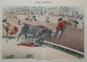 "COGIDA DE BOMBITA BARCELONA" Imagerie originale entoilée pour LA LIDIA (1899) / Typo-litho R. ES...