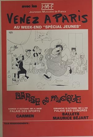 "VENEZ A PARIS / DANSE ET MUSIQUE" Affiche originale entoilée / JEUNESSES MUSICALES DE FRANCE 198...