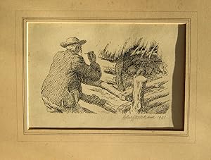 Contemplative farmer - original pen-and-ink drawing, signed, 1941