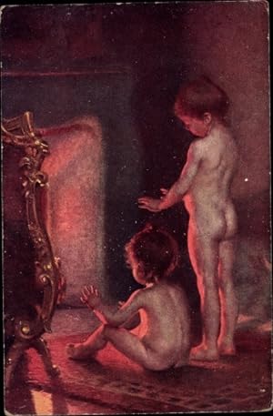Künstler Ansichtskarte / Postkarte Peel, P., Vor dem Feuerherd, Kinder wärmen sich