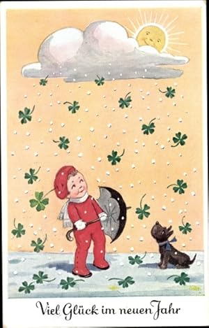 Image du vendeur pour Ansichtskarte / Postkarte Glckwunsch Neujahr, Kind mit Regenschirm, Glcksklee, Hund, Sonnenschein, Wolke mis en vente par akpool GmbH