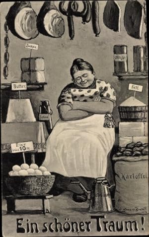 Ansichtskarte / Postkarte Schlafende Frau im Lebensmittelladen, Ein schöner Traum, Kartoffeln, Fe...