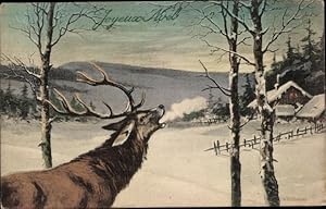 Ansichtskarte / Postkarte Glückwunsch Weihnachten, Hirsch, Wohnhaus, Bäume, Winterszene