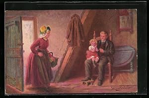 Bild des Verkufers fr Knstler-Ansichtskarte Johan Georg Gerstenhauer: Alte Frau besucht Mann mit kleinem Mdchen auf dem Schoss zum Verkauf von Bartko-Reher