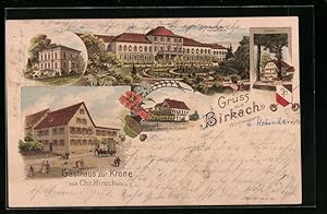 Lithographie Birkach /Württ., Gasthaus zur Krone, Gasthof zum Hirsch, Villa