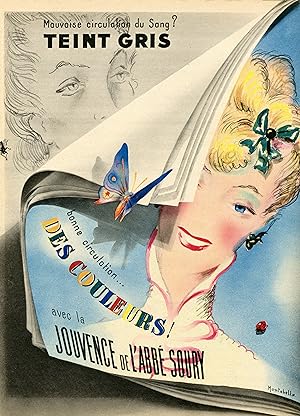 "JOUVENCE DE L'ABBÉ SOURY" Annonce originale entoilée / Illustrée par MONTEBELLO en 1938